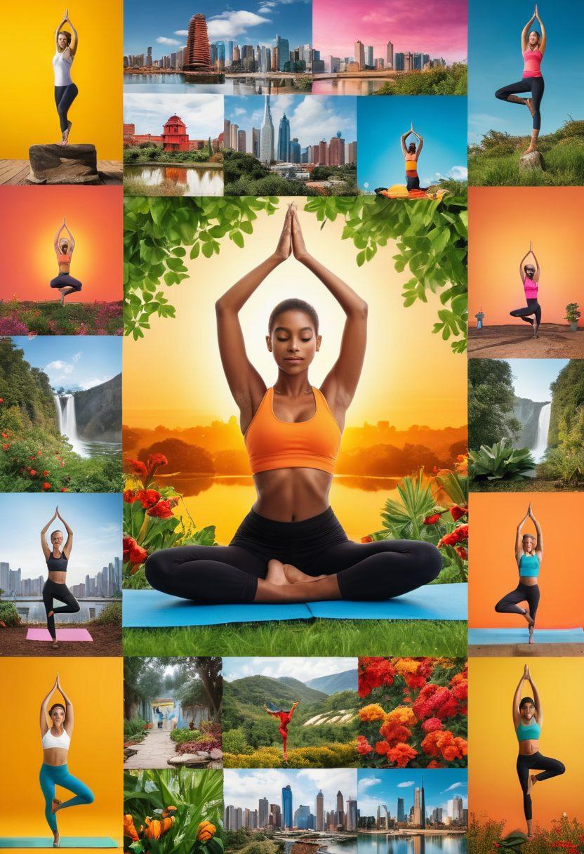 A vibrant collage of diverse individuals engaging in unique lifestyle activities such as yoga in nature, urban gardening, digital nomad life, and sustainable fashion. Include elements like colorful infographics or social media icons to represent engaging content creation. Incorporate a backdrop of modern cityscapes blending with natural landscapes to symbolize the fusion of trends. The overall tone should be energetic and inspiring. bright colors. 3D. dynamic composition.