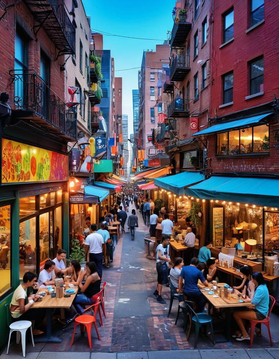 A vibrant city street scene blending diverse cultures, featuring colorful street art, bustling cafes, and people engaged in various lifestyle activities. Incorporate elements like fashion, music, and food from around the world, showcasing a lively and dynamic atmosphere. Include elements of technology, such as mobile devices or social media icons subtly integrated into the environment. super-realistic. vibrant colors. 3D.