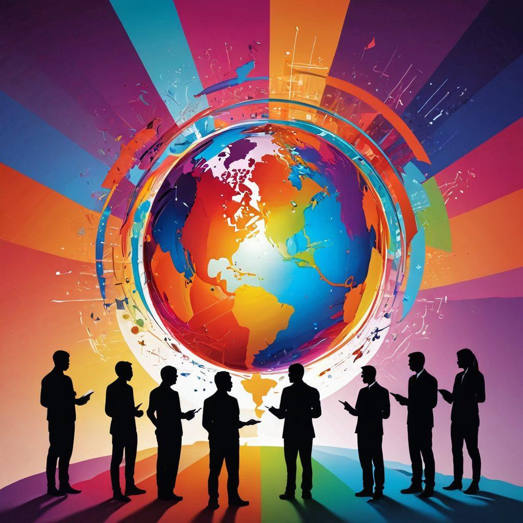 An abstract representation of diverse cultural elements, interconnected like a web, showcasing books, opinions, and charts symbolizing insights. Bright, vibrant colors illustrating the pulse of modern culture. Include silhouettes of people exchanging ideas and opinions around a central glowing globe. The background should be dynamic yet cohesive, representing the fluidity of cultural dialogues. modern art style. vibrant colors. 3D.